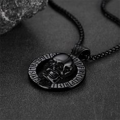 Unique skull necklace design for broken souls,Viking rune circle, a good amulet. This Viking Runes Necklace is made of 316L stainless steel, hypoallergenic. Runes amulet Necklace is a perfect gift for boyfriend, husband or friends on Christmas, birthday, anniversaries, graduation, New Year, Valentine's Day.   SPU:  TP12920  Collection:  Gothic  Material：Stainless Steel  Weight: 41.4g  Chain Length: 55+5cm(22+2 inches)  Pendant Size: 46.6mm*36.6mm  Clean it with a soft dry cloth.   Keep away from Black Skull-shaped Stainless Steel Necklace, Black Stainless Steel Skull Necklace, Black Engraved Skull Jewelry, Black Skull Shaped Engraved Jewelry, Black Skull Engraved Jewelry, Black Skull-shaped Engraved Jewelry, Black Viking Engraved Jewelry, Black Viking Metal Jewelry, Engraved Skull Necklace In Stainless Steel