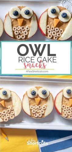 owl rice cake snacks with apples and blueberries in the shape of an owl on top