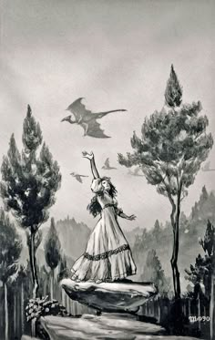 a black and white drawing of a woman in a dress flying a kite over trees