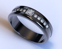 a black wedding ring with princess cut diamonds