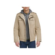 He'll be stylish and warm in this men's Levi's cotton sherpa-lined trucker jacket. Click on this WOMEN'S GUIDE to find the perfect fit and more! FEATURES Drawstring hood Snap closure, front zip Midweight Faux fur construction in hood Attached hood Vented hem Long sleeve Exterior: 2 front chest snap pockets, 2 lower side welt pockets Interior: 1 pocketFIT & SIZING 37 3/4-in. length Regular fitFABRIC & CARE Body: cotton Fill: polyester Machine wash - delicate Imported Size: XXL. Color: Stone. Gend