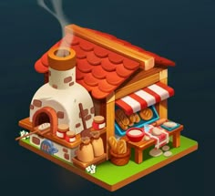 a low poly model of a small house with food on the table and in front