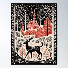 an illustration of a deer in front of a castle with trees and stars on it