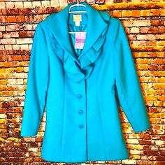 Nwt Rare Won’t Find Anywhere Else In This Color Stunning! Audrey Hepburn Would Have Killed For This Coat. Plus, It’s Almost The Perfect Tiffany Blue! Size Women’s 8 Several Photos Showing Removable Cascading Ruffle Trim Off & On With Hidden Hooks If You Want To Wear Plain! Lined Measurements Taken Laying Flat & Approximate. Length 33” Pit To Pit: 22” (Coat Buttoned) Smoke Pet Free Home Bundle & Save 15% Off! Tiffany & Co Modcloth Anthropologie Neiman Marcus, Unique, Boho, Millennials, Gen Z, Sustainable And Stylish, English Country House, Neo-Preppy Rodarte, Dark Academia, Light Academia, Talented Mr. Ripley, Great Gatsby, Polished Socialite, Morgane Le Caer, Pr Spring Fitted Pea Coat With Notch Lapel, Office Long Sleeve Ruffled Outerwear, Fitted Spring Outerwear With Ruffles, Office Long Sleeve Outerwear With Ruffles, Office Outerwear With Ruffles And Long Sleeves, Chic Winter Blazer With Ruffles, Spring Formal Outerwear With Ruffles, Spring Formal Ruffled Outerwear, Spring Blue Pea Coat For Office