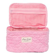 Our Candy Vanity Bag is a functional medium-size makeup bag that features a convenient handle for easy carrying and a handy compartment for storing any   smaller items.    The quilted pink terry exterior is thick and luxurious, complemented by the matching pink gingham interior.   Ideal for organizing your makeup and beauty essentials or serving as a travel organizer (it fits perfectly inside a suitcase), this bag is a must-have for anyone who values both organization and style.   Size: 9" x 6" x 5.5" (22cm x 16cm x 14cm) Crismas Gift, Makeup Pouch Pattern, Mini Makeup Bag, Cute Makeup Bags, Large Makeup Bag, Inside My Bag, Airplane Essentials, Tool Bags, Vanity Bag