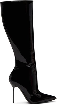 Knee-high patent leather boots in black. · Pointed toe · Zip closure at inner side · Buffed leather lining · Stiletto heel with rubber injection · Leather sole · Heel: H4 in Supplier color: Black Patent Leather Boots, Paris Texas, Boots Knee, Stiletto Heel, Luxury Streetwear, Knee High Boots, Black Boots, Leather Boots, Knee High