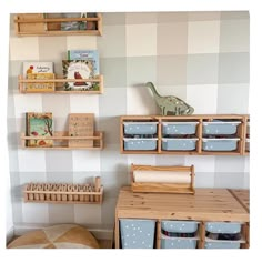 a room with some shelves and baskets on the wall