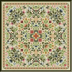 a cross - stitch pattern with flowers and leaves on the center, in green frame