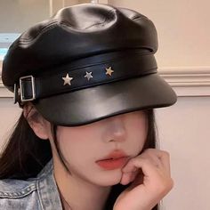 Butter Soft Pu Vintage Style Leather Biker Hat * Black * Silver Star Appliqus * Vintage Style * Pu Leather * 100% Polyester * One Size: 56-58cm (22-22.8") Hats That Cover Face, Cute Beret Hats, Biker Hat Outfit, Head Accessories Fashion, Biker Outfit Women, Leather Hat Outfit, Headwear Aesthetic, News Boy Hat Outfit Women, 40s Accessories