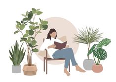 a woman sitting in a chair reading a book next to potted plants and houseplants