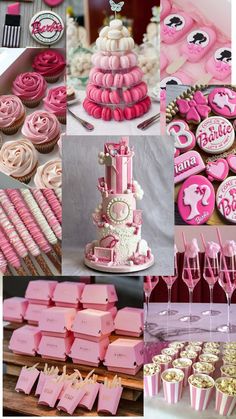 a collage of pink and white cakes, cupcakes, and desserts