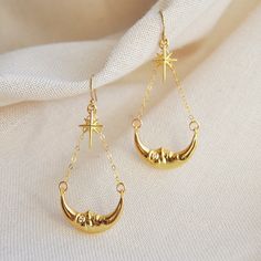 Gold Moon and Star Earrings, North Star Earrings, Gold Filled Earrings, Celestial Wedding Earrings, Statement Earrings, Crescent Moon, Boho - Etsy 14k Gold Filled Crescent Earrings As Gift, Dainty Gold Earrings With Moon Phase, Celestial 14k Gold Filled Earrings, Gold Moon Phase Drop Earrings, Dainty Gold Earrings With Moon Charm, Gold Minimalist Earrings With Moon Phase, Gold Half Moon Celestial Earrings, Gold Half Moon Earrings With Moon Charm, 14k Gold Filled Dangle Earrings With Moon Charm