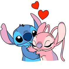 two cartoon characters hugging each other with hearts in the background