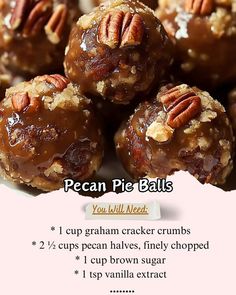 pecan pie balls are stacked on top of each other with the recipe below it