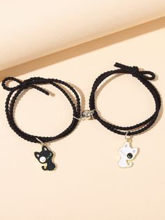 Black and White Fashionable Collar     Embellished   Women's Fashion Jewelry Matching Cat Bracelets, Best Friend Jewelry For 2 Bracelets, Black Bracelet Women, Bracelets Bff, Couple Accessories, Bff Rings, Cat Charm Bracelet, Hand Jewelry Rings, Couples Jewelry