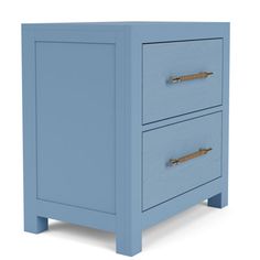 a blue nightstand with two drawers on one side and an open drawer on the other