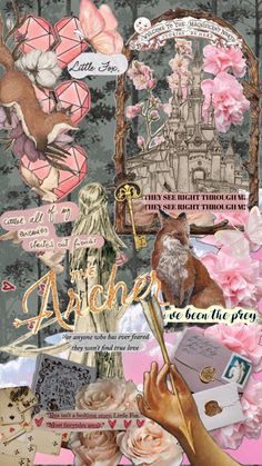 an altered collage with pink flowers and other things in the background, including a woman's hand holding a pen