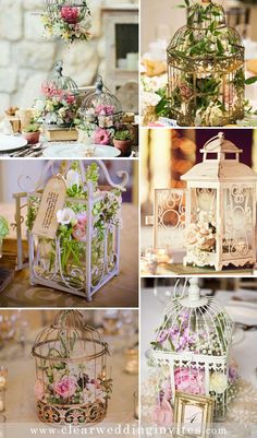 several different types of birdcages with flowers and greenery in them are shown