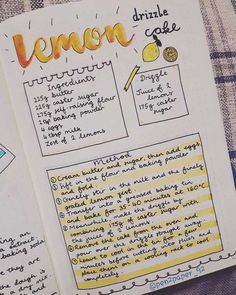 a notebook with some writing on it and an open page in the middle that says lemon