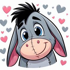 a cartoon donkey with hearts around it's eyes and nose, looking at the camera