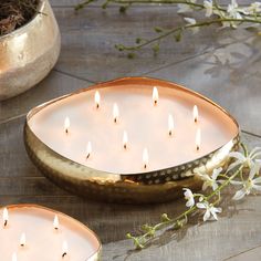 candles are lit in a bowl on the ground next to some flowers and a potted plant