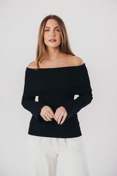 You'll love wearing this lightweight sweater year-round! The Palmer Sweater features a stunning off-the-shoulder neckline, and is crafted from a fine ribbed knit. It's stunning paired with trousers, denim, or a silky midi skirt; it's a versatile addition to any fashionista's wardrobe. Available in two colorways. FIT: Runs true to size - fitted. MATERIAL: 65% Viscose, 35% Nylon. GARMENT DETAILS: Fine-ribbed sweater top featuring a fold-over, off-the-shoulder neckline and flared long sleeves. SIZE Ribbed Stretch Off-shoulder Sweater, Stretch Ribbed Off-shoulder Sweater, Off-shoulder Ribbed Stretch Sweater, Casual Ribbed Off-shoulder Top For Fall, Trendy Off-shoulder Ribbed Sweater, Chic Stretch Ribbed Off-shoulder Top, Chic Ribbed Stretch Off-shoulder Top, Fall Off-shoulder Top For Night Out, Elegant Ribbed Off-shoulder Tops