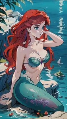 the little mermaid with red hair is sitting on rocks and looking at something in her hand