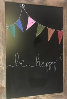 a chalkboard with bunting and the words be happy written on it