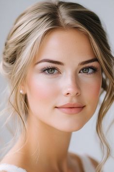 a woman with blonde hair and blue eyes is posing for a photo in her wedding dress