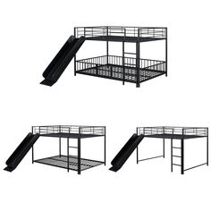 three different views of a metal bunk bed with a slide and ladder on each side