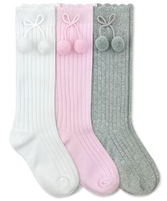 Classic girls cotton rib knee high socks with bow and pom pom accents. Scalloped rib top keeps socks on and in place for all day wear. Perfect socks to pair with dresses, skirts, shorts, rompers, bummies, shorties and much more!Knee high length comes just below the kneeClassic rib sock with bow and poms pomsScalloped top for added flairPlease note the socks should be washed by handGreat for everyday, dressing up, school, Easter outfits, holidays, Halloween costumes, and Christmas outfits70% White Knee High Socks, Knee Highs, Classic Girl, Ruffles Fashion, Easter Outfit, Girls Socks, Knee Socks, Baby Socks, Kids Socks