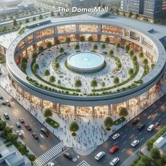 an aerial view of the dome mall with cars driving around it and lots of trees