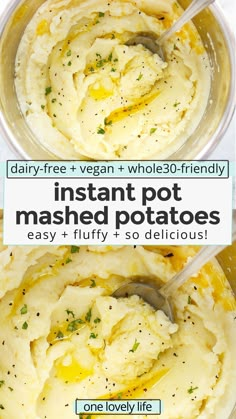 mashed potatoes in a bowl with text overlay that says instant pot mashed potatoes