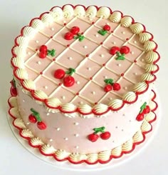 a cake with cherries on it sitting on a table