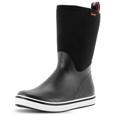 a pair of black rubber boots with white soles