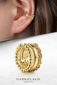 14K Yellow Gold Wide Bujukan Single Earcuff. EGS14481Y4JJJ #Gabriel & Company #BujukanSingleEarcuff#Yellow GoldEarcuff#FashionJewelry#Jewelry Elegant Gold Plated Silver Ear Cuff, Fine Jewelry Gold Ear Cuff As Gift, Gold Fine Jewelry Ear Cuff Gift, Elegant Pierced Ear Cuff For Anniversary, Gold Plated Ear Cuff Fine Jewelry, Yellow Gold Open Ring Ear Cuff, Gold Plated Single Ear Cuff Fine Jewelry, Elegant Gold Single Ear Cuff, Elegant Gold Ear Cuff - Single Earring