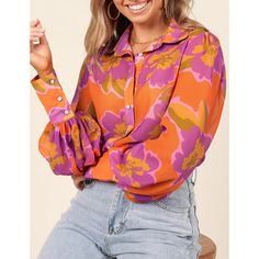 Orange Floral Chiffon Lantern Long Sleeve Blouse Top In Pizzo, Chiffon Cardigan, Sleeves Women, Elegant Blouses, Chiffon Long Sleeve, Collar Pattern, Long Puff Sleeves, Elegant Shirt, Floral Chiffon