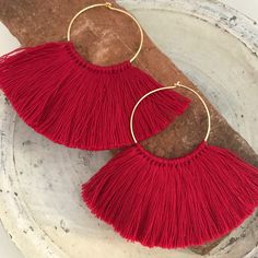 Statement earrings large hoop Earrings oversized fringe earrings Materials: french cotton 100% / gold plated over brass hoops Size: hoop: 4cm fringe 4to 4.5cm Color: red( deep red) / white white /ivory / black / hot pink / All fringe is carefully attached one by one Simple package Care and tips When the fringes get wrinkled , please put a small amount of water onto them and make them straighten gently by fingers. Wait till it gets dry. I can also make in different color! please just leave a note Red Fringe Tassel Earrings For Summer, Elegant Red Tassel Earrings With Fringe, Red Dangle Tassel Earrings With Fringe, Orange Tassel Earrings, Cheap Orange Tassel Earrings, Boho Jewlery, Bohemian Party, Black Hot Pink, Light Earrings