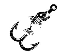 a black and white image of a fish hook with an arrow in it's mouth