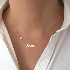 Butterfly Name Necklace, Gold Butterfly Name Pendant, Butterfly Word Chokers Necklace, Custom Name Necklace, Personalized Name, Name JewelryNames Necklace, Custom Mothers Necklace, Baby Shower Gift, New Mom Gift, Custom Name JewelryVery dainty and versatile to wear with any combination. FEATURES Material: Crafted in High Quality 925 Sterling SilverFinish: 18K gold plated14K Solid Gold is also availableColor: Silver, Gold, Rose GoldDimensions: Butterfly 5mm in H, Capital Letter 6mm HFINISH: Polis Customised Necklace With Name, Lylah Name Necklace, Pendant Name Necklace, Silver Name Chain, Customized Necklace Names, Name Necklaces Gold, Gold Chain With Name Pendent, Gold Necklace Name Design, Name Lockets Gold