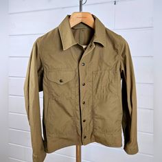 Khaki Filson Safari Jacket Nwot Size Xs Sold Out At Filson Khaki Fitted Utility Jacket For Outdoor, Fitted Khaki Utility Jacket For Outdoor, Fitted Classic Utility Jacket For Outdoor, Fitted Khaki Outerwear For Outdoor, Unstructured Khaki Utility Jacket For Fall, Khaki Outerwear With Patch Pockets And Spread Collar, Unstructured Khaki Outerwear With Button Closure, Utility Cotton Outerwear With Spread Collar, Solid Outerwear With Pockets And Spread Collar