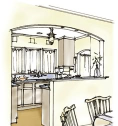 a drawing of a kitchen and dining room