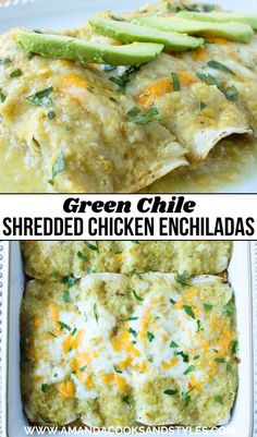 green chile shredded chicken enchiladas in a casserole dish