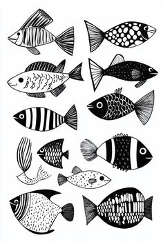 Whimsical hand-drawn sea creatures featuring simple fish drawing, fish drawing for kids, fish drawing easy, and fish drawing simple styles in black ink. Fish Template Printable Free Pattern, Fish Drawing Simple, Fish Sketches, Fish Drawing For Kids, Easy Fish Drawing, Aquatic Design, Fish Sketch, Aquatic Art