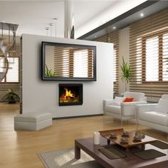 a living room filled with furniture and a fire place in the middle of the room