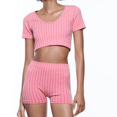 Super Cute Crop Top Never Worn! Zara Seamless Set, Seamless V-neck Summer Tops, Summer V-neck Workout Crop Top, Summer Workout V-neck Crop Top, Pink Fitted Seamless Crop Top, Fitted Seamless Pink Crop Top, Chic Seamless Pink Crop Top, Chic Seamless Crop Top By Zara, Chic Seamless Zara Crop Top