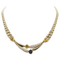 Bvlgari Italy 18k Yellow Gold, Diamond, Yellow & Blue Sapphire Curb Link Necklace Vintage 1970s Here is your chance to purchase a beautiful and highly collectible designer necklace. Truly a great piece at a great price! Details: Size : 16.5 inches 80 grams Fully hallmarked 3.5 carats of diamonds, 6.5 carats of yellow & blue sapphires Excellent condition Vintage High Jewelry, Bvlgari Vintage Jewelry, Bvlgari High Jewelry Necklace, Bulgari Diamond Necklace, Vintage Bvlgari, Vintage Bulgari, Bulgari Necklace, Cluster Jewelry, Bvlgari Necklace