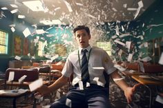 a man sitting on top of a chair in a room filled with paper flying through the air