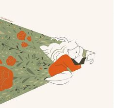 an illustration of a woman laying on the ground with her head down and reading a book