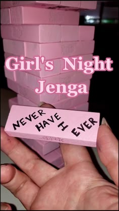 Funny Games For Bachelorette Party, Bachelorette Party Jenga, Pink Game Night Decor, Galentine’s Day Girls Night, Slide Show Night Ideas, Things To Do On Girls Night, Galentines Games For Teens, Unique Party Activities, Galentines Ideas Girls Night Out